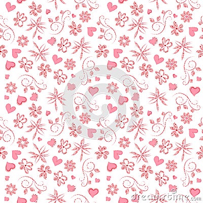 Raster festive pattern with pink flowers and hearts for Valentine`s Day gift wrapping, wedding Stock Photo